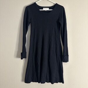 Rope Picnic Knit Dress Long Length Sleeve Crew Neck Plain 38 Navy Blue